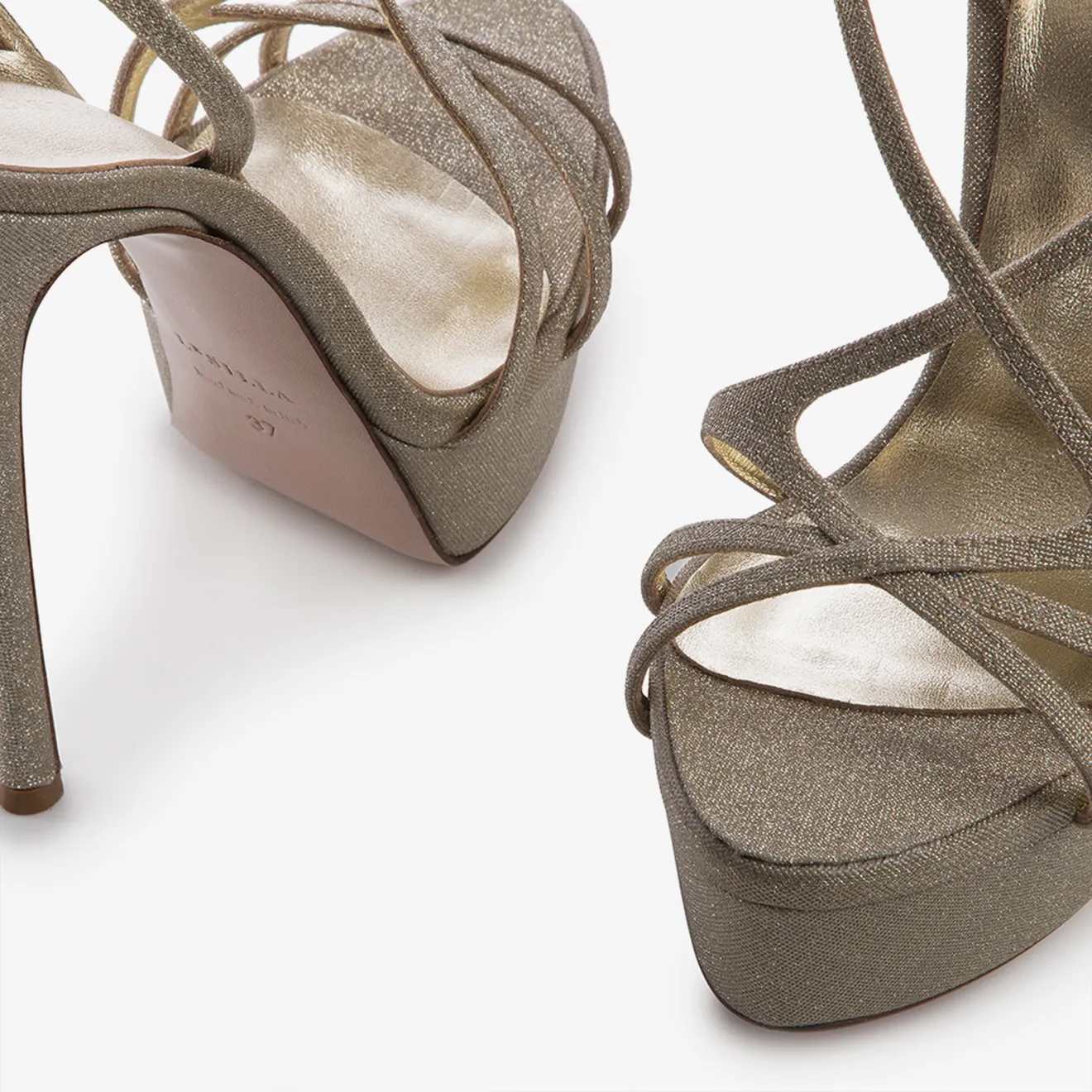 BELEN SANDAL 140 mm Gold glittered fabric platform sandal