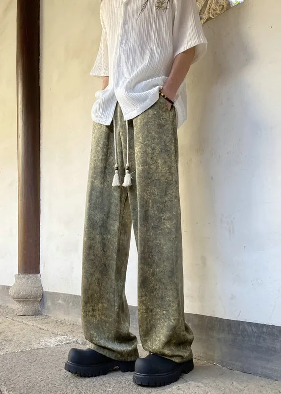 Boutique Green Pockets Print Ice Silk Mens Pants Summer