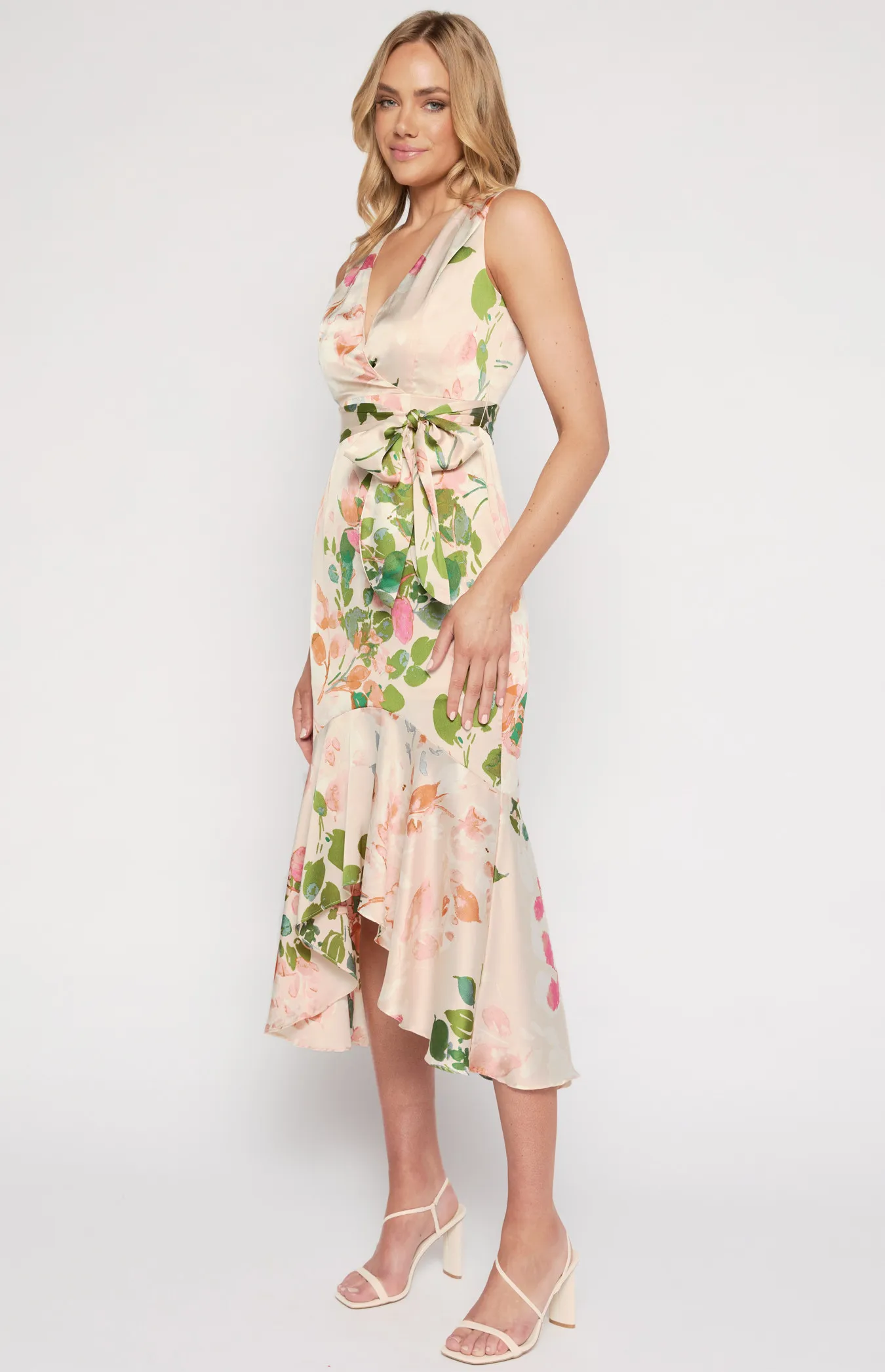 Floral Print Midi Dress with High Low Fishtail Hem (ADR1115-3A)