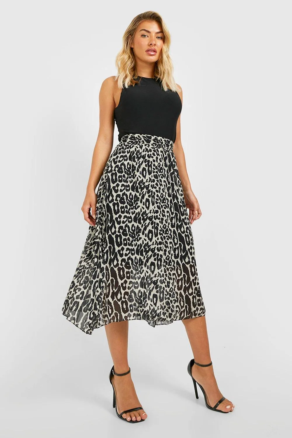 Leopard Chiffon Pleated Midi Skirt